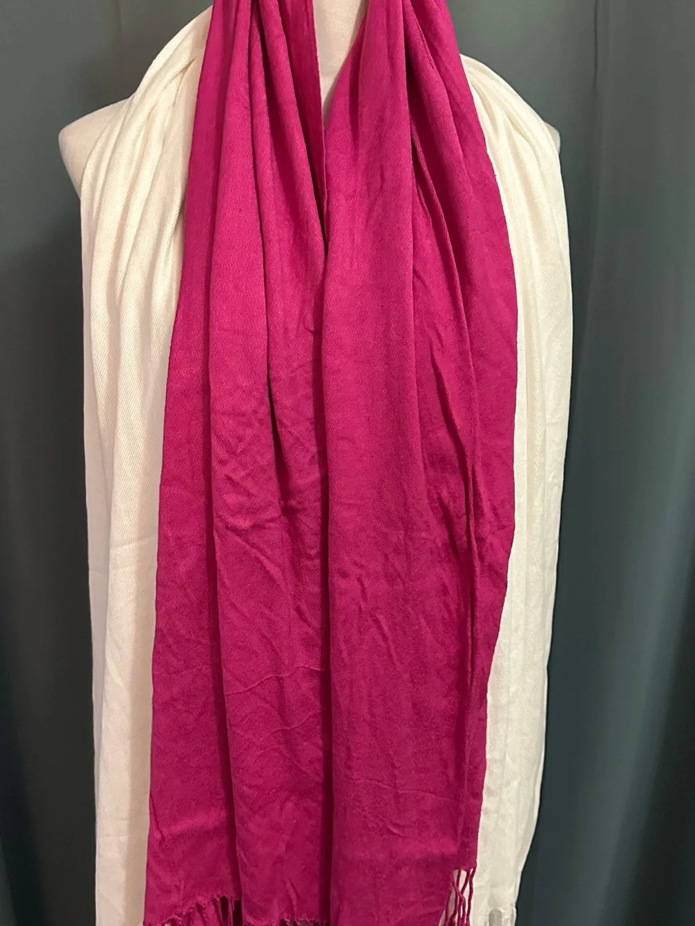 Bundle of 2 Pashmina Style Fringe Scarves Shawls Wraps Pink & White One Size